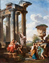 Capriccio with the preaching of a saint, the Medici vase, a ruined temple and the Pyramid of Cestius